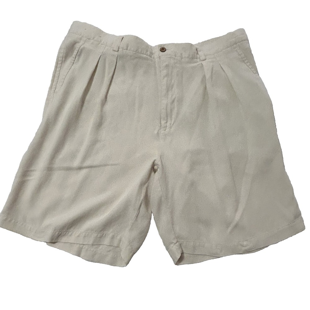 Caribbean‎ Roundtree & Yorke Shorts Mens 40 Beige 100% Silk Natural PLEATED Flap